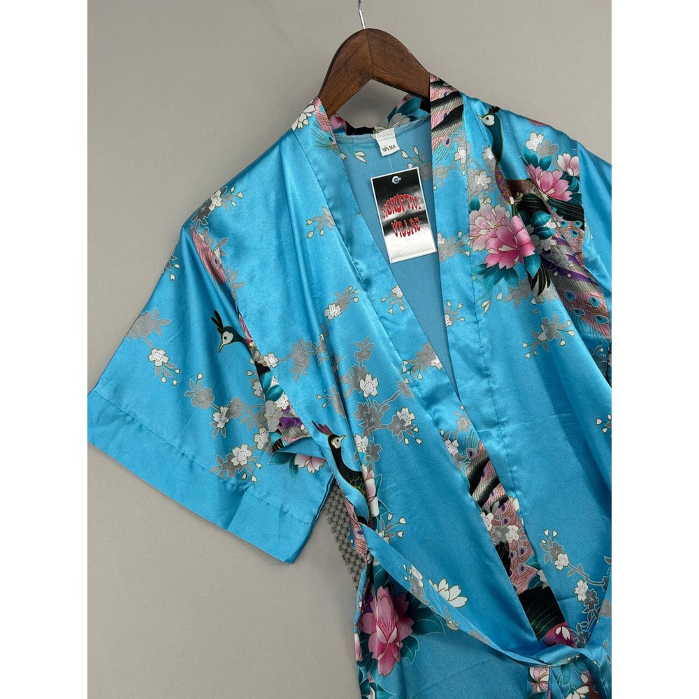 Turquoise Blue 100% Silk Peacock Floral Kimono Robe One Size